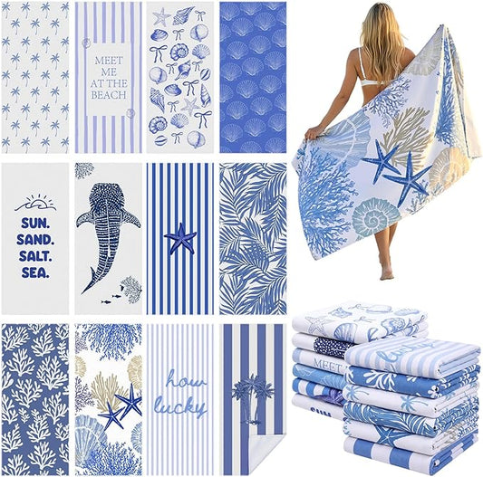 Frienda 12 Pack Coastal Ocean Seashell Beach Towels 71''x 32'' Large Microfiber Quick Dry Absorbent Bath Towels for Swimming Pool Beach Cruise Travel Gym Supplies by Frienda