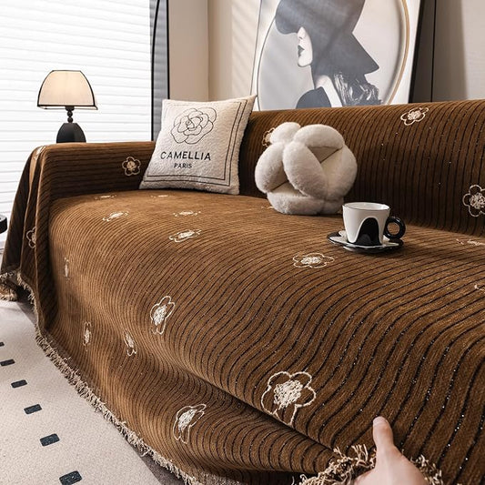 ROOMLIFE Boho Couch Covers Brown for 3 Cushion Sofa, Chenille Couch Cover Sectional Sofa Cover for Dog, Washable Furniture Sofa Protector Cover Soft Blanket with Tassel for Living Room, 71 '' X 118'' by ROOMLIFE