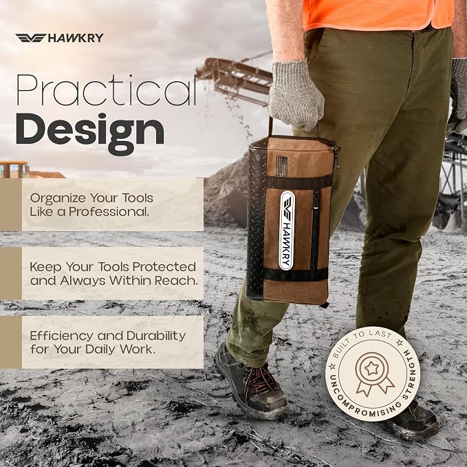 HAWKRY Canvas Tool Pouch – Brown Tool Bag for Tool Storage, DIY, Electrical, Auto or Hobby Use | Rugged Canvas Organizer with Zipper & Reinforced Base – Compact Utility Pouch for Toolbox or Car - Image 5