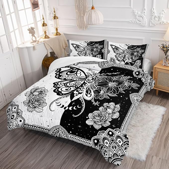 Black White Butterfly Comforter Set Bohemian Butterfly Printed Bedding Set with 1 Comforter and 2 Pillowcases for Boys and Girls Bedroom All Season(Butterfly-2 Twin) - Image 3
