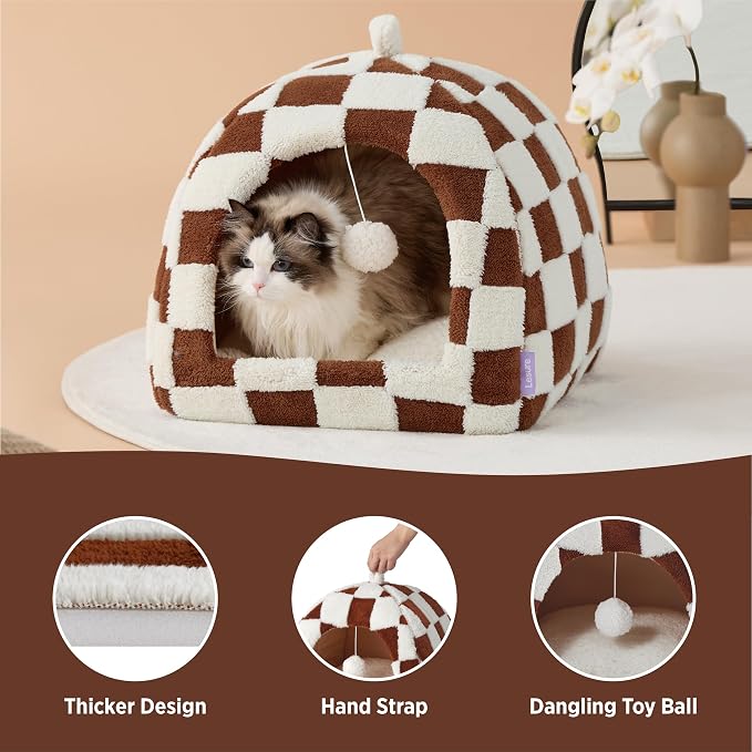 Lesure 2in1 Cute Cat House for Kitten with Washable Cushioned Pillow,17.3in | Cat Beds for Indoor Cats,Small Pet Cave Tent,Cozy Enclosed Foldable Hideaway,Fluffy Ball,Anti Slip Bottom,Hand Strap,Brown - Image 5