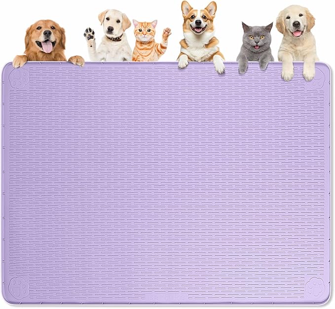 Dog Food Mat 50''x35'' Extra Large Dog Mat for Food and Water, Purple | Silicone Dog Bowl Mat with Raised Edge, Waterproof Non-Slip Pet Feeding Mat for Floors, fit for Dog Cat Bowls by Bartuke
