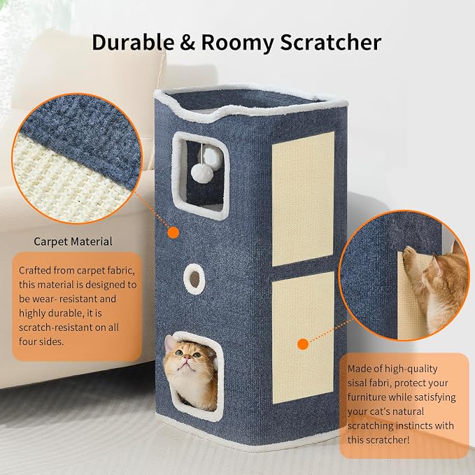 Cat House, Cat Beds for Indoor Cats, 3-Story Cat Condo Cube | Cat Bed Cave with Scratch Pad and Fluffy Ball Hanging, Multi-Level Cozy Hideout Center Ideal for Small/Medium Cats - Image 3