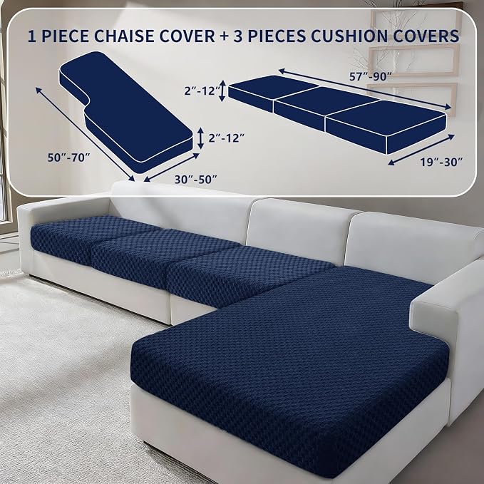 YEMYHOM Couch Cushion Covers for Sofa, Stretch Sectional Couch Seat Cushion Covers Washable Furniture Protector Sofa Slipcovers for Pets (3 Seater + 1 Chaise, Navy) - Image 2