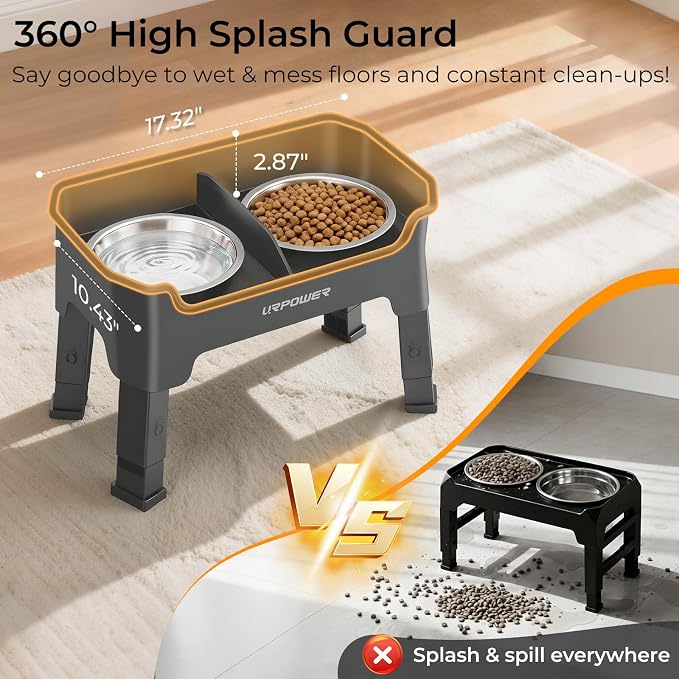 URPOWER Mess Proof Elevated Dog Bowls, Splash Guard Raised Bowl Stand | 4 Height Adjustable Raised Stand with 2 Stainless Steel Food Bowls & Licking Plate for Small, Medium & Large Dogs - Image 3
