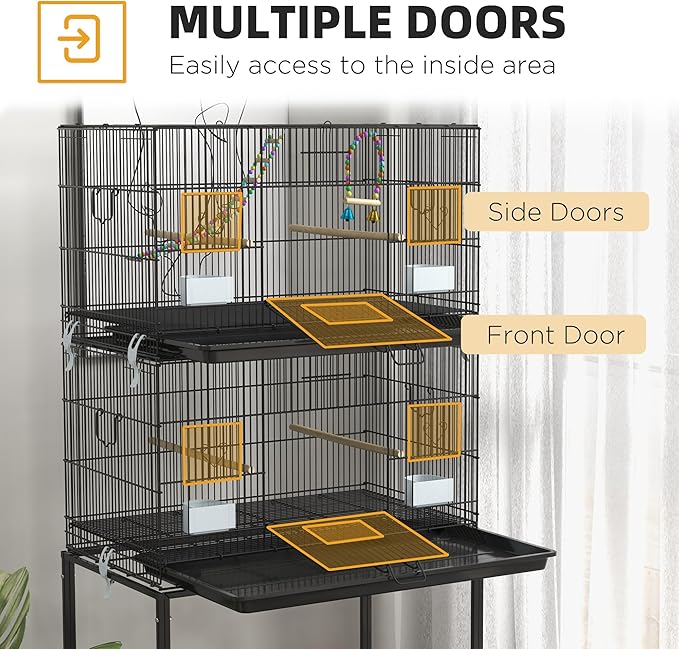 PawHut Double Stackable Bird Cage with Stand for Canaries, Lovebirds | Wooden Swing, Rope Ladder & Wheels, Budgie Cage, Storage Shelf, Removable Tray, Wooden Perches & Food Containers, Finches - Image 4