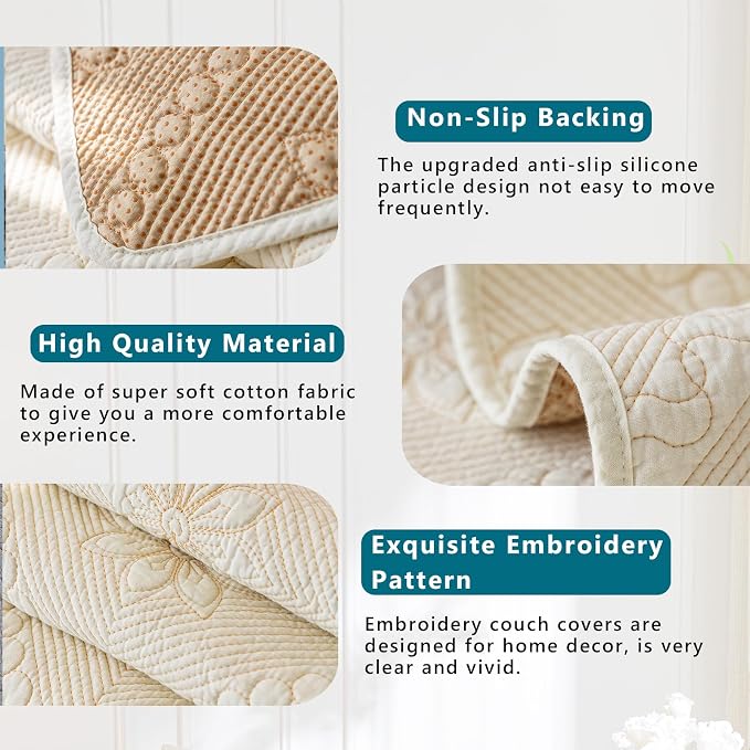 KRFOONN Cotton Quilted Dog Couch Cover for Sofa (Beige, 27.6" x 70.9") | Farmhouse Embroidery Sectional Couch Cover Washable, Soft Non Slip Sofa Slipcover Cushion Furniture Protector for Kids, Pets - Image 3