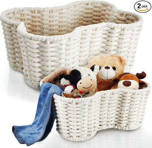 Barydat 2 Pcs Dog Toy Basket Dog Toy Bin Bone Shaped Handmade Pet Organizer for Pet White Cotton Rope Basket (16.5 x 12.4 x 6.89 and 13.39 x 9.25 x 5.4) by home