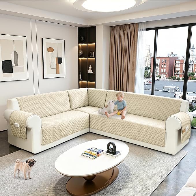 Sectional Couch Covers for Dogs 100% Waterproof Corner L Shaped Sofa Cover Pet Friendly Velvet Washable Anti Slip L Shape Modular Sofa Slipcover Protector with Pockets (Beige, XL Plus) - Image 6