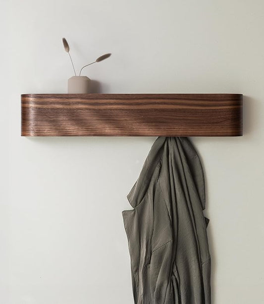 Kazai. Wall-Mounted Coat Rack 'Toke' - Modern Design Coat Rack with Hidden Wall Hooks - Solid Wood Veneer Panel Coat Hanger - Walnut by KAZAI