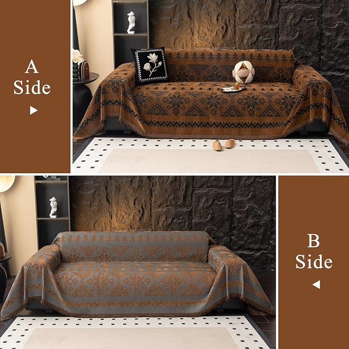 VClife Boho Couch Cover for Christmas 1 Piece Soft Warm Couch Cover for Sectional Sofa, Washable Pumpkin and Black Jacquard 3-Seaters Sofa Covers for Home Office RV 71"x134" - Image 2