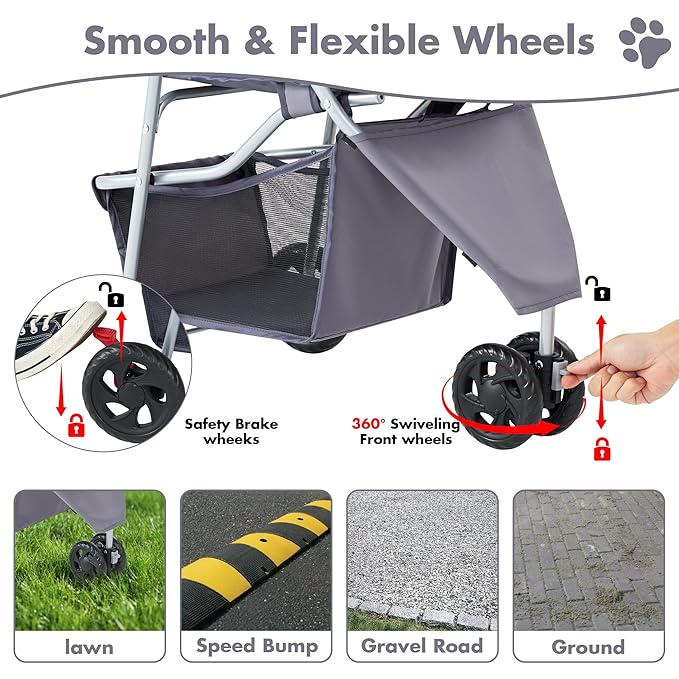 NEWBULIG 3 Wheel Pet Stroller for Dogs and Cats, Foldable, Lightweight and Durable, Ideal for Small to Medium Pets, Includes Storage Basket and Cup Holders