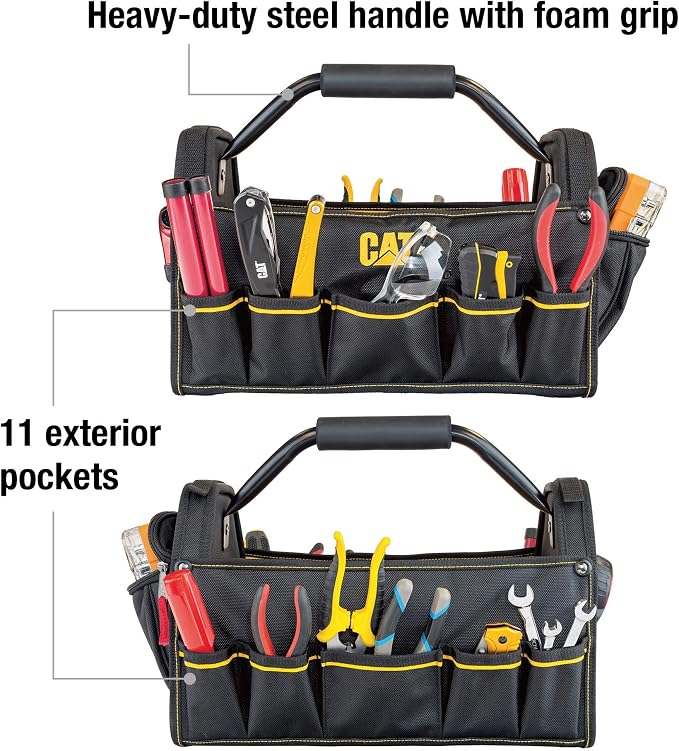 Cat 17-Inch Pro Tool Tote, Open Top Tool Bag, 15 Pockets for Tool Storage and Organization, Premium 1680D Polyester Weave, Steel Handle and Removable Shoulder Strap - 240046 - Image 3