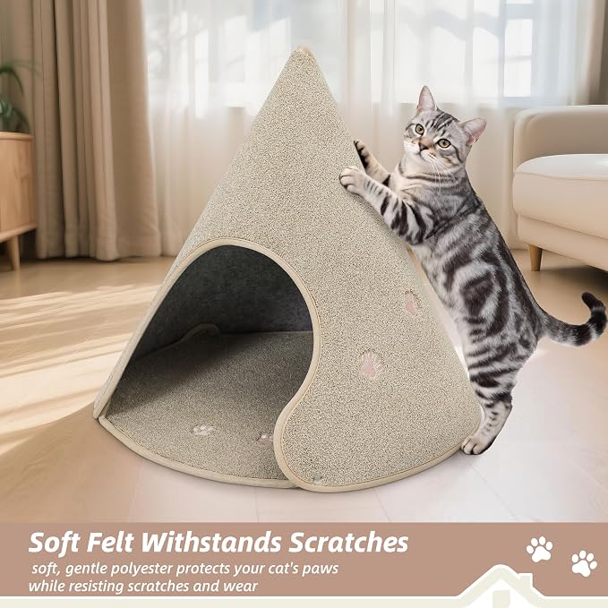 BEQHAUSE Cat Beds for Indoor Cats, Cat Cave Bed with Non-Slip Bottom, Beige | Anti-Scratch Cat House Cat Tent for Kittens and Small Dogs, Foldable Kitten Hideaway Machine Washable, 22.8 * 22.8 * 20.8in - Image 3