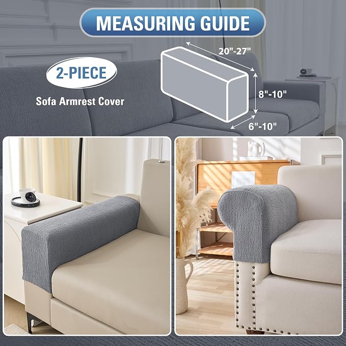 Sectional Couch Covers Stretch Cushion Covers Washable Wear-Resistant Universal Sofa Slipcovers Furniture Protector Separate Seat Chaise Couch Cover (Light Grey, 2 PC Armrest Covers) - Image 2