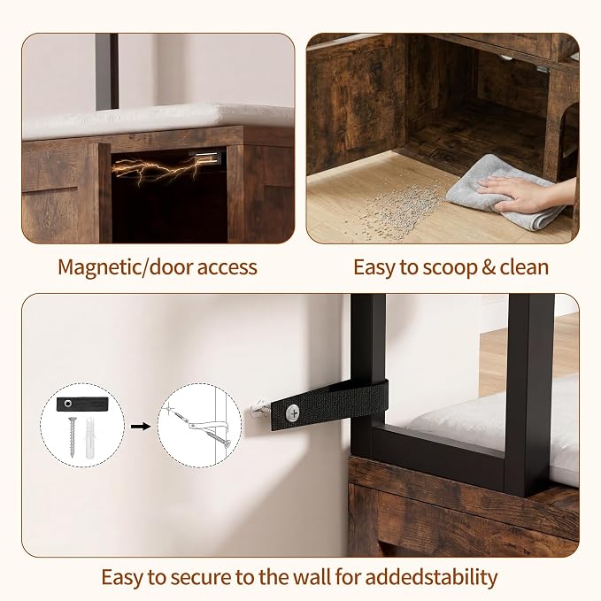 Heybly Cat Litter Box Enclosure Furniture, Double Hidden Litter Box Cabinet with Cat Tree, Large Litter Box Enclosure with Shelves & Storage, Cat House for 2 Cats, Cat Box Enclosure, Rustic HCLB002SR - Image 9