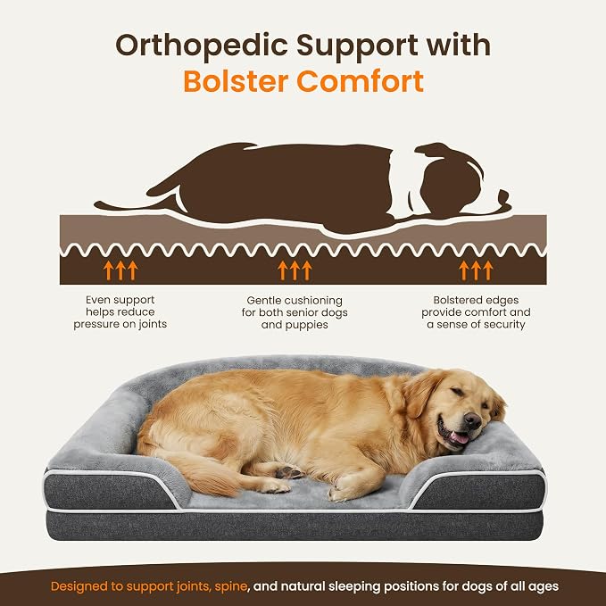Orthopedic Dog Bed for Medium Dogs, 35"x25" Dog Couch Bed | Egg Crate Foam for Pressure Relief, Cozy Bolster Sofa Design, Waterproof Removable Washable Cover, Non Slip Bottom, Dark Grey - Image 3