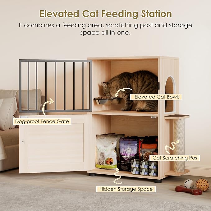 Dog Proof Cat Feeding Station, Dog Proof Cat Feeder, Cat Food Table | Cat Feeding Station with Scratching Post, Elevated Cat Food Bowls with Stand, Pet Food Storage Cabinet, Cat House Furniture - Image 4