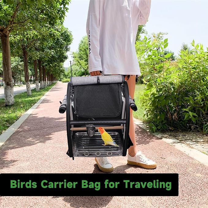 Bird Carrier Bag with Perch, Bird Travel Carrier Backpack with Stainless Steel Plate and Mesh, Portable Transparent Parakeet Travel Cage with Feeder Cups for Small Birds Parakeet Parrot - Image 5