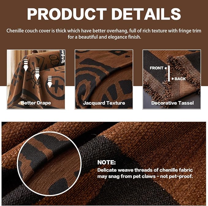 DREAMINGO Brown Japandi Couch Cover Boho Tribal Jacquard Sofa Covers for 2 Cushion Couch Thick Soft Chenille Living Room Furniture Loveseat Sectional Sofa Slipcovers Washable, Large 71"x118" - Image 4