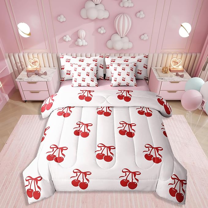 Erosebridal 7 Piece Cherry Bows Kids Comforter Set Full Bed in a Bag,Dreamy Princess Style Bedding Set for Girls Women,Girly Red Cherries Bowknot Sheet Set,Cartoon Bow Tie Duvet Insert by Erosebridal