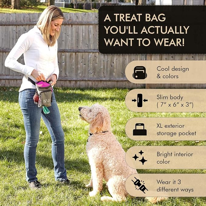 Multipurpose Pro Dog Treat Bag with Neoprene Split Top Dog Training Treat Pouch Bag with Shoulder Strap, Belt and Clip and Exterior Storage Pocket (Raspberry) - Image 5