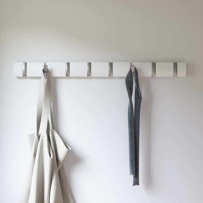 Umbra Flip Coat Rack, Wall Mount 8-Hook, Space Saving, White | Real wood and steel build, retractable hooks fold flat, holds coats bags and scarves, easy install - Image 12