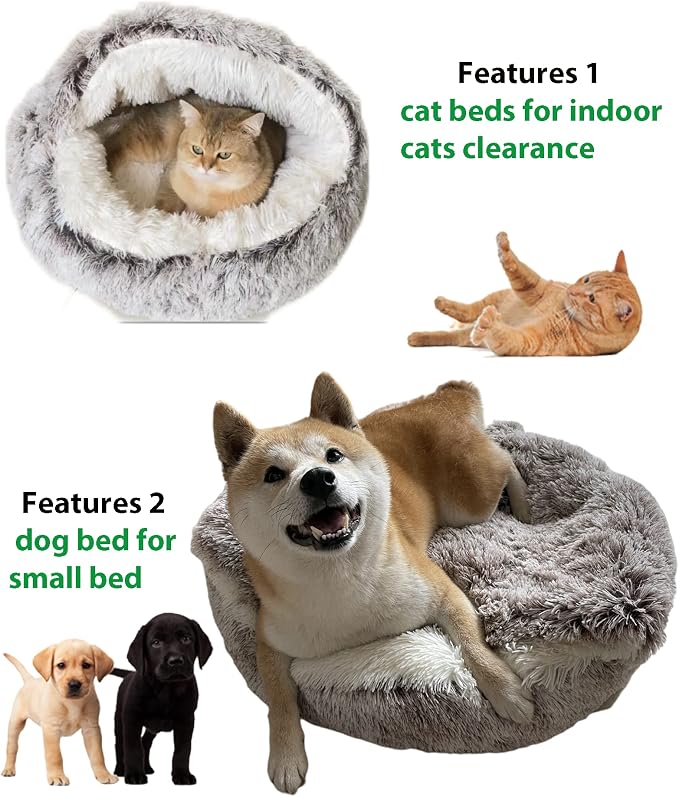 ShinHye Cat Bed Round Plush Fluffy Hooded Cat Bed Cave, Cozy for Indoor Cats or Small Dog beds, Soothing Pet Beds Doughnut Calm Anti-nxiety Dog Bed - Waterproof Bottom Washable (26×26inch, Coffee) - Image 3