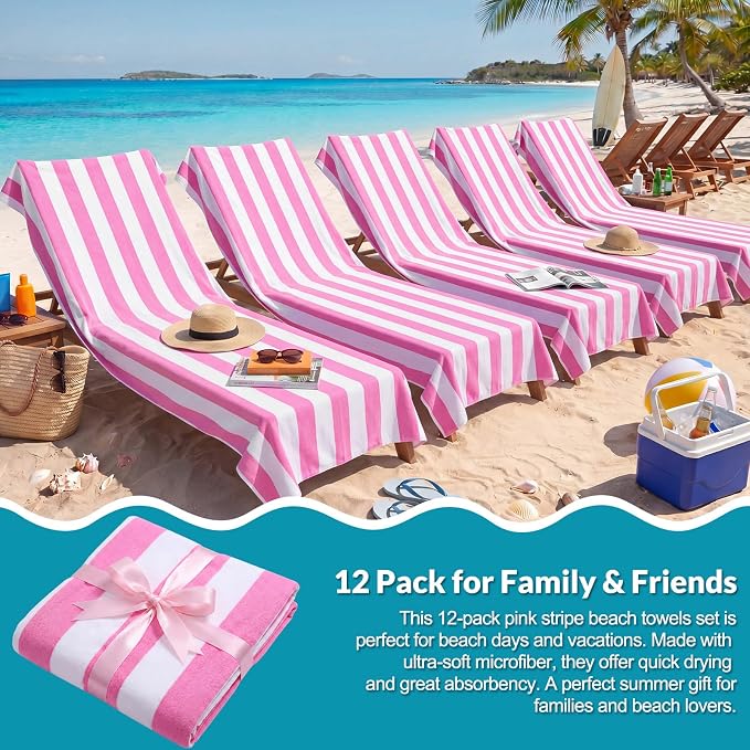 Frienda 12 Pack Pink Striped Beach Towels 71''x 32'' Large Microfiber Quick Dry Absorbent Bath Towels for Swimming Pool Beach Cruise Travel Gym Supplies - Image 5