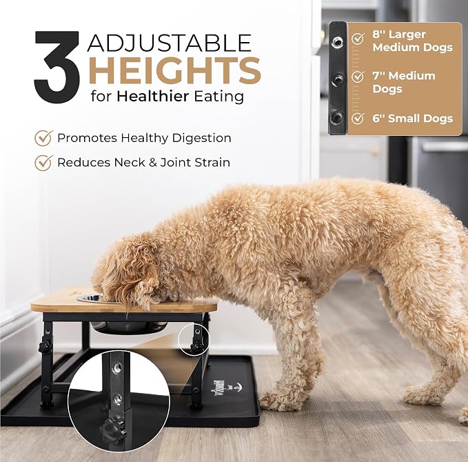 Adjustable Raised Dog Bowls – Elevated Dog Bowl Stand with Bamboo Stand, 2 Stainless Steel Bowls, Slow Feeder Insert & Silicone Mat – Dog Bowls with Stand for Small & Medium Dogs - Image 2