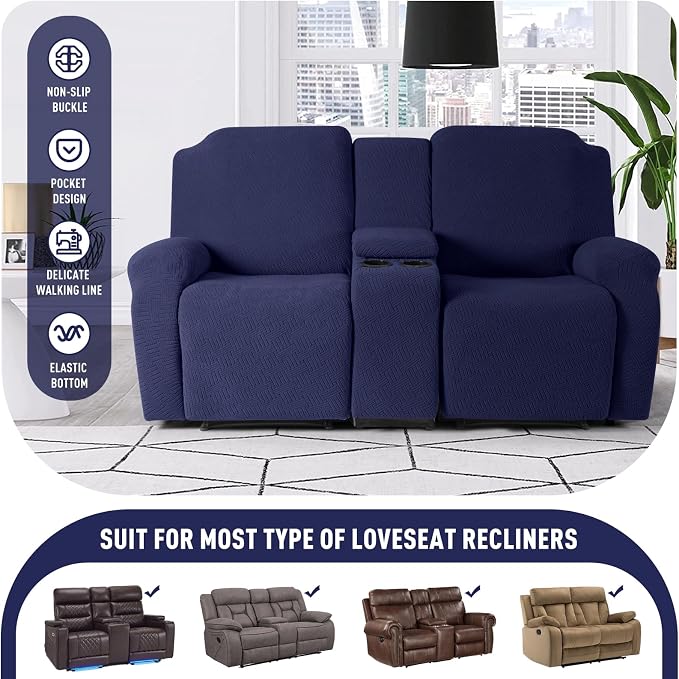 KinCam Loveseat Recliner Covers with Middle Console Slipcover, Dark Blue | Stretch Recliner Sofa Covers for 2 Seat Couch Cover, Jacquard Furniture Protector Covers with Elastic Bottom for Kids, Pets - Image 4