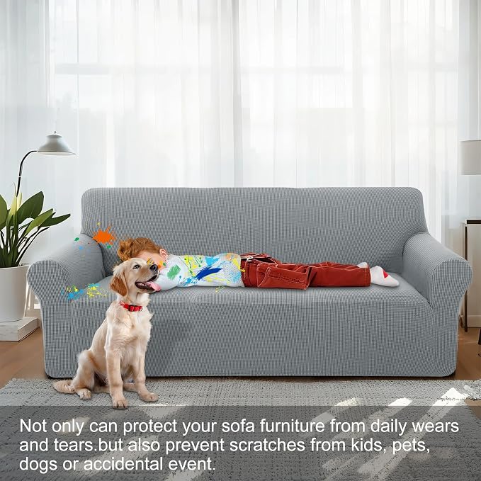 Stretch loveseat Covers Washable Sofa Slipcover, Light Grey | 1 Piece Couch Covers for Sofa Furniture Protector with Non Skid Foam and Elastic Bottom for Kids, Dogs - Image 2