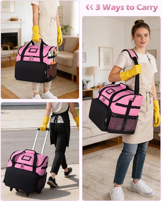 Marscamd Large Rolling Cleaning Caddy Bag with Detachable Trolley, Cleaning Supplies Organizer with Wheels for Housekeepers, Pink - Image 5
