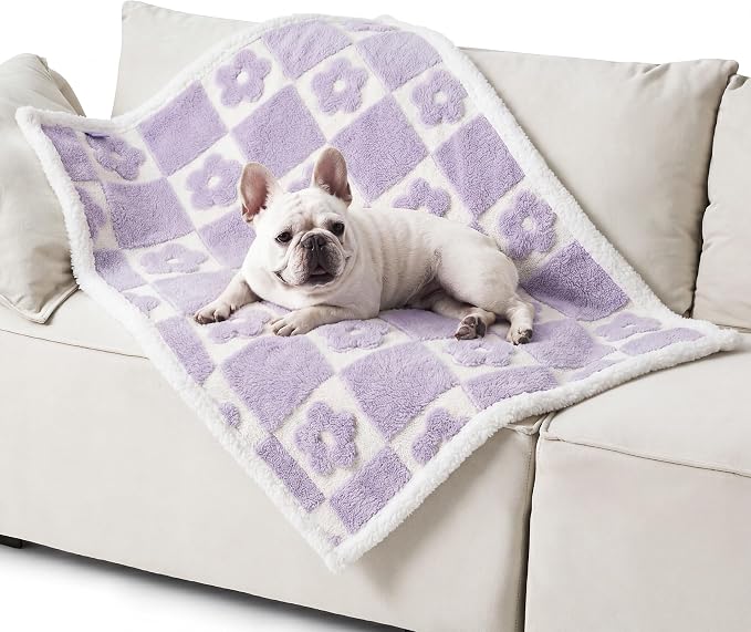 LE SURE Waterproof Dog Blankets for Medium Dogs Cute 3D Jacquard,30x40 | Puppy Blanket for Cat Aesthetic Gift, Warm Soft Sherpa Throw Washable, Reversible Pet Couch Protector, Lavender Flower Checks by Lesure