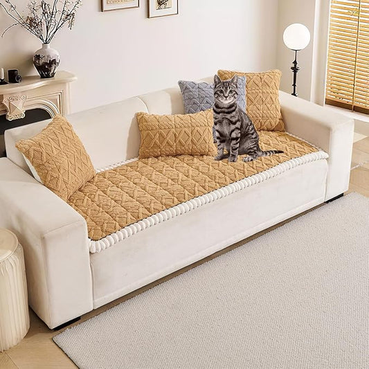 HANDONTIME Dog Couch Cover Jacquard Geometric Sofa Covers Washable Funny Fuzzy Couch Cushion Cover Non-Slip Plush Pet Protector Furniture Covers Durable Comfortable (Butterscotch, 27.6" x 70.9") by HANDONTIME