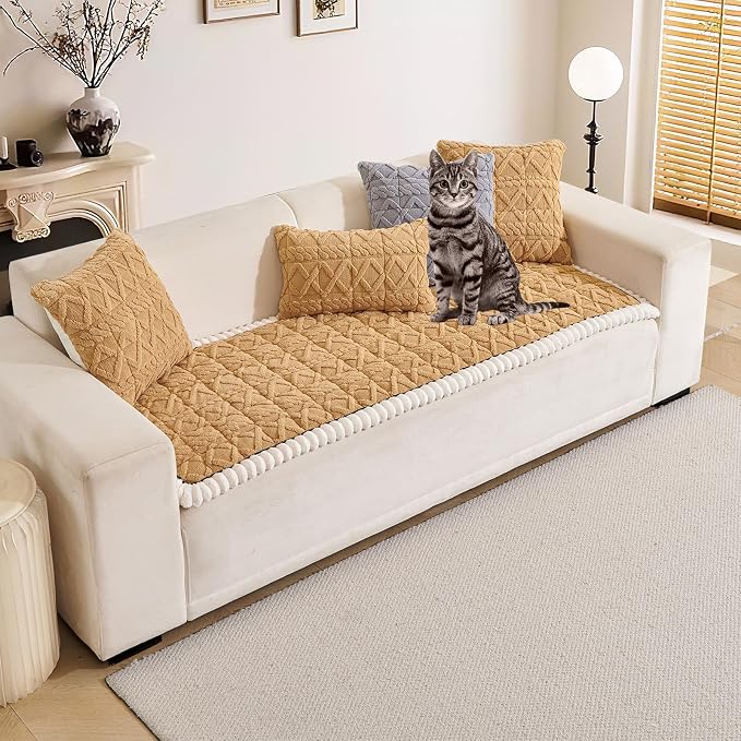 HANDONTIME Dog Couch Cover Jacquard Geometric Sofa Covers Washable Funny Fuzzy Couch Cushion Cover Non-Slip Plush Pet Protector Furniture Covers Durable Comfortable (Butterscotch, 27.6" x 70.9") by HANDONTIME