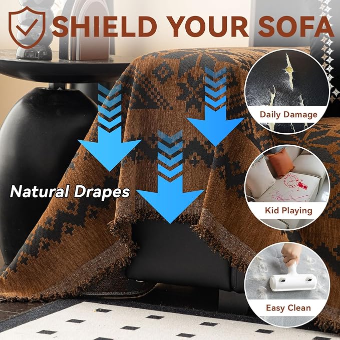 VClife Boho Couch Cover for Christmas 1 Piece Soft Warm Couch Cover for Sectional Sofa, Washable Pumpkin and Black Jacquard 3-Seaters Sofa Covers for Home Office RV 71"x134" - Image 5