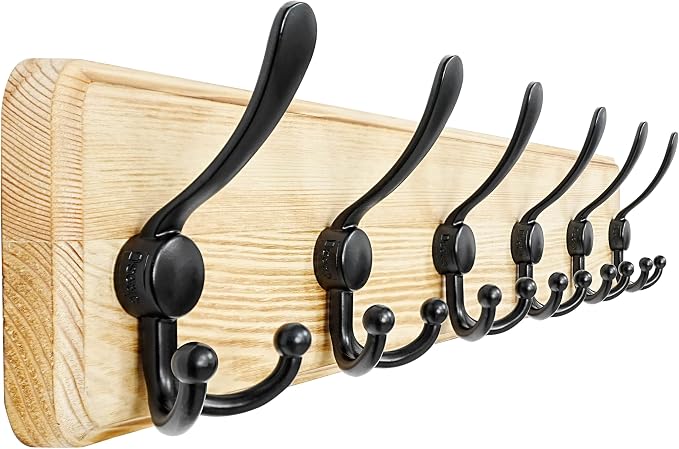 Dseap Coat Rack Wall Mounted - 24" Long 6 Tri Hooks, Heavy Duty Wooden Wall Coat Hanger Coat Hook for Clothes Hat Jacket Clothing, Weathered Light Natural and Black by Dseap