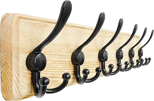 Dseap Coat Rack Wall Mounted - 24" Long 6 Tri Hooks, Heavy Duty Wooden Wall Coat Hanger Coat Hook for Clothes Hat Jacket Clothing, Weathered Light Natural and Black by Dseap