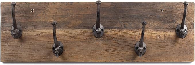 Rustic State Takki Wall Mount Mudroom Entryway Organizer Farmhouse Wood Coat Rack with 5 Cast Iron Double Hooks Walnut 30 Inches Long - Image 3
