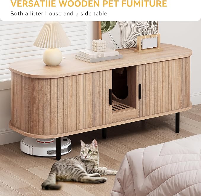 DWVO 55.1in Double Cat Litter Box Enclosure with Power Outlet | Wooden Kitty Litter Box TV Stand Furniture, Litter Box Furniture Hidden for 2 Cats, Light Oak - Image 5