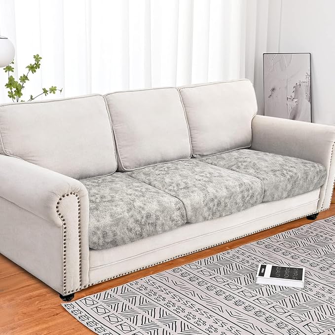 molasofa Leather Look Couch Cushion Covers, Stretch Sofa Cushion Covers for Sectional Armchair Loveseat Protector,Replacement Seat Cushion Slipcovers, Machine Washable (3 Cushion Sofa, Griege) - Image 2