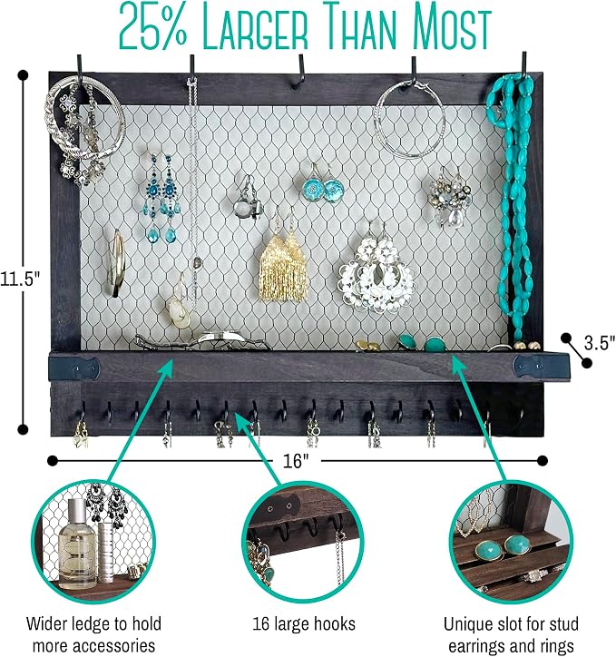 OUTSHINE Large Farmhouse Wall Jewelry Organizer (Espresso) | Wall Organizer For Earrings, Necklace, Bracelet, Hair Accessories | Chicken Wire Earring Holder | For Women, Wife, Mom, Girlfriend - Image 3