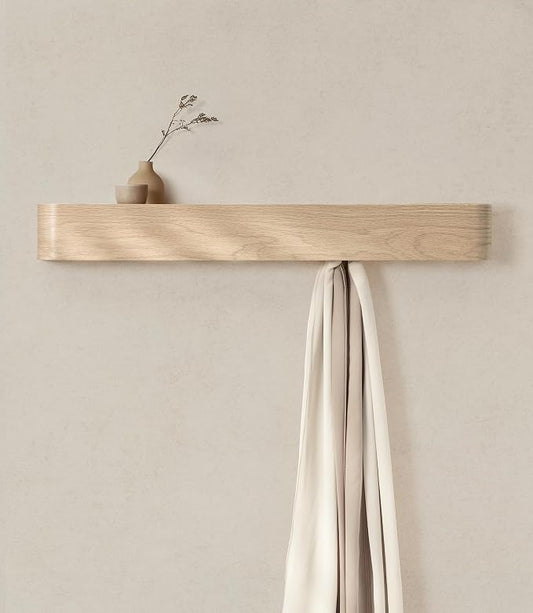 Kazai. Wall-Mounted Coat Rack 'Toke' - Modern Design Coat Rack with Hidden Wall Hooks - Solid Wood Veneer Panel Coat Hanger - Oak, White by KAZAI