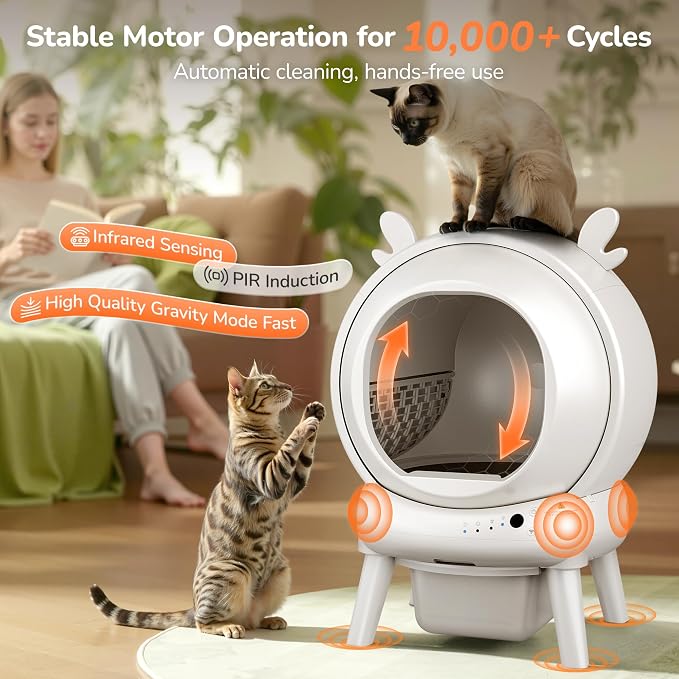 Automatic Self Cleaning Litter Box, Cat Litter Box with APP Control, 65L Globe & Dual Safety Sensors, Robot Litter Box, 1 Roll Garbage Bags and Litter Mat, <35DB, for Multiple Cats, White - Image 2