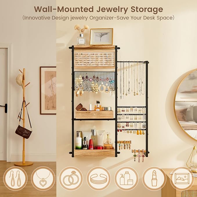 Pinzoveco Hanging Jewelry Organizer Wall Mounted, Large Hanging Jewelry Organizer Holder for Necklaces,Bracelest,Earrings,Rings,Watched,Makeup & Perfume (Black) - Image 5