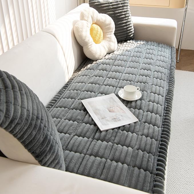 vctops Striped Couch Cover Super Soft Corduroy Sectional Sofa Cover Washable Non Slip Sofa Slipcover Furniture Protector for Kid Dog Pet,1 Piece (Dark Grey,31"x63") - Image 5