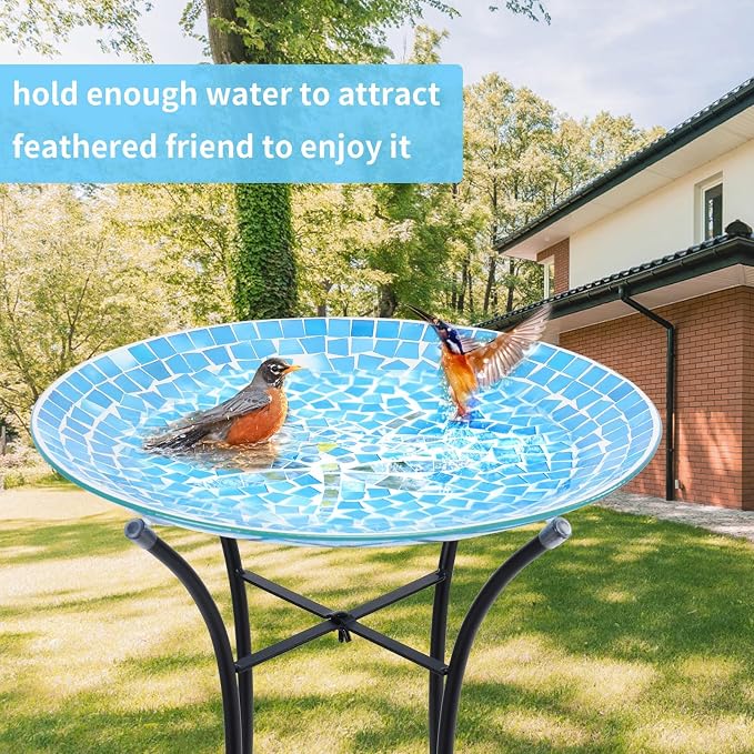 MUMTOP Mosaic Glass Bird Baths with Metal Stand Garden Decor, Dragonfly | 14 Inch Width 19.68 Inch Height Outdoor Garden Dragonfly Bird Bath Bowl, Unique Glass Birdbaths Bird Feeder for Yard Decor - Image 7