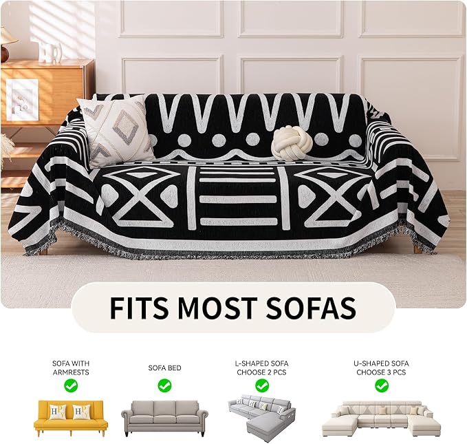 Deep Dream Boho Couch Cover, Non Slip Soft Chenille Couch Covers for 2-3 Cushion Couch, Thick Sofa Slipcover Sofa Cover Washable Couch Protectors for Dogs (Black, 71"x150") - Image 5