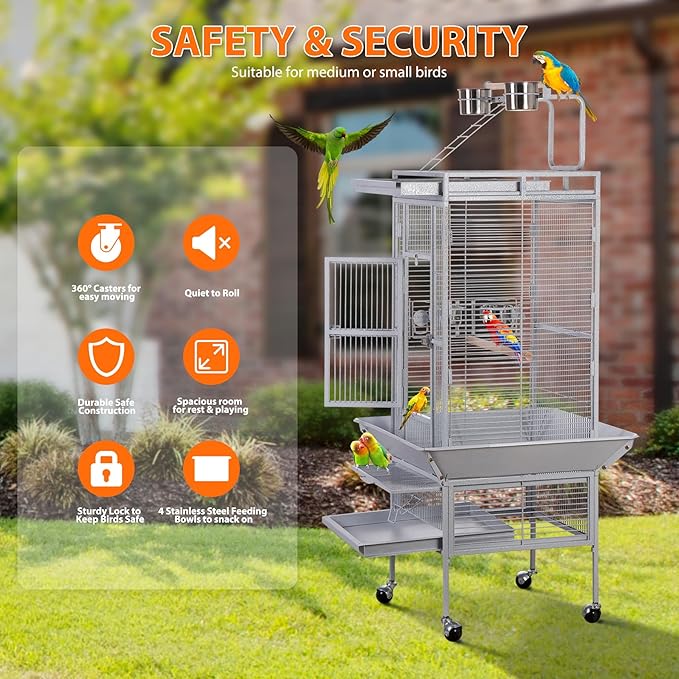 SUPER DEAL PRO 61-inch 2in1 Large Bird Cage with Rolling Stand Playtop Parrot Chinchilla Finch Cage Macaw Conure Cockatiel Cockatoo Pet House Wrought Iron Birdcage, White - Image 5